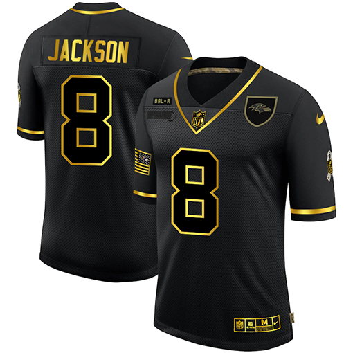 Men's Baltimore Ravens #8 Lamar Jackson Black/Gold Salute To Service Limited Jersey